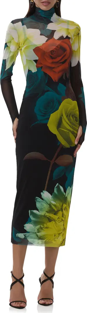 Shailene Print Long Sleeve Mesh Body-Con Midi Dress | Nordstrom