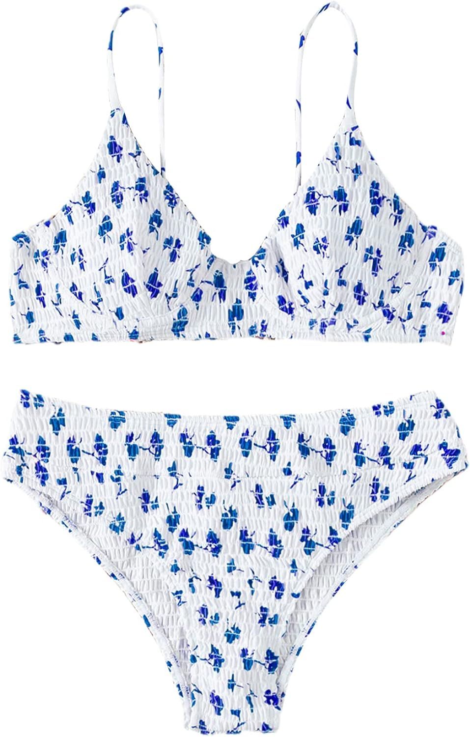 SheIn Women's Floral Swimsuit Push Up High Waisted Smocked Bikini Set Underwire Shirred Bathing S... | Amazon (US)