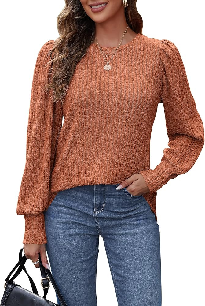 MOLERANI Women's Puff Long Sleeve Tops Lightweight Crewneck Plus Size Tunic Shirts M-4XL | Amazon (US)