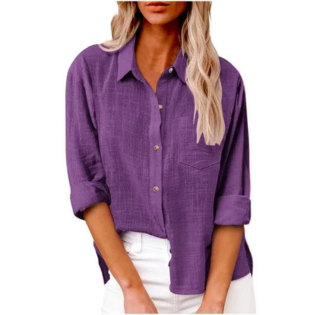LMKIHUSA Linen Button Down Tops for Women Womens Solid Color Cotton Linen Shirts Summer Dressy Causal Roll Up Long Sleeve V Neck Gauze Blouses with Pocket Trendy Loose Boho Clothes 2024 Purple XXXXXL | Walmart (US)
