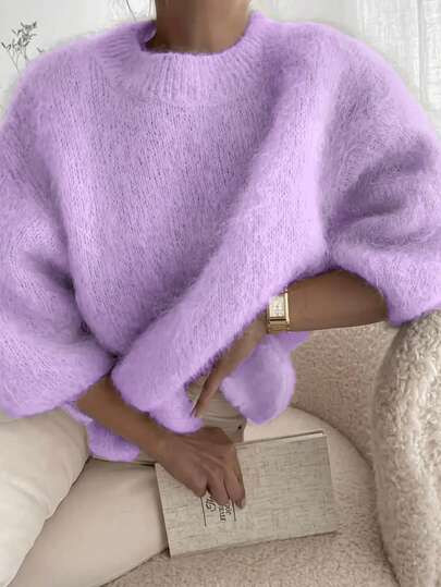 Women's Fashionable Minimalist Fuzzy Ribbed Knit Crew Neck Sweater, Regular Length, Drop Shoulder, 3/4 Sleeve Top | SHEIN
