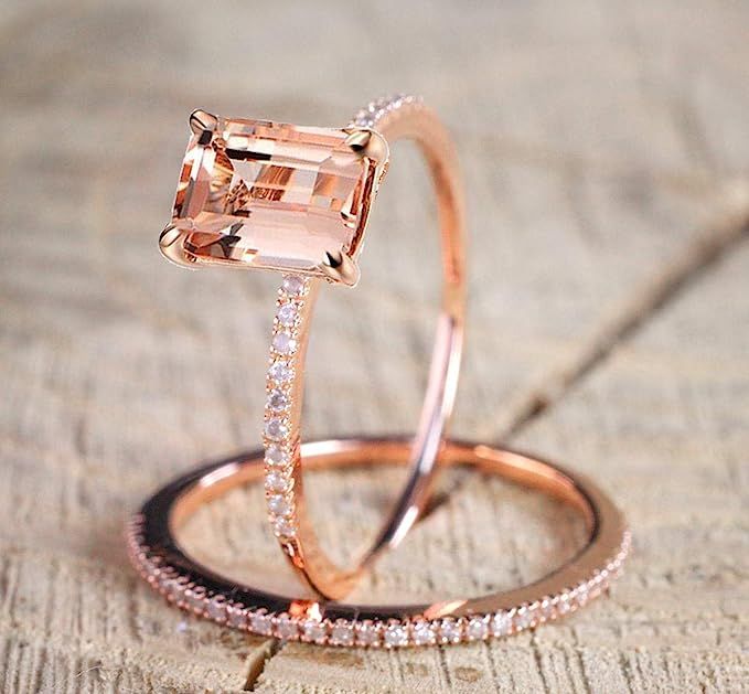 Metmejiao 2Pcs 18K Rose Gold Plated Anniversary Cubic Zirconia Topaz Rings Wedding Bands Engageme... | Amazon (US)