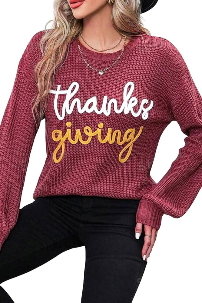 MARZXIN Women 2024 Red Sandalwood Thanks Giving Letter Graphic Crew Neck Sweater Casual Pullover ... | Amazon (US)