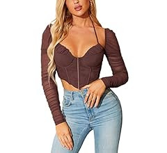 HTZMO Women's Long Sleeve Corset Crop Top Tie Up Halter Bustier Zip Boned Sexy Fashion Blouses | Amazon (US)