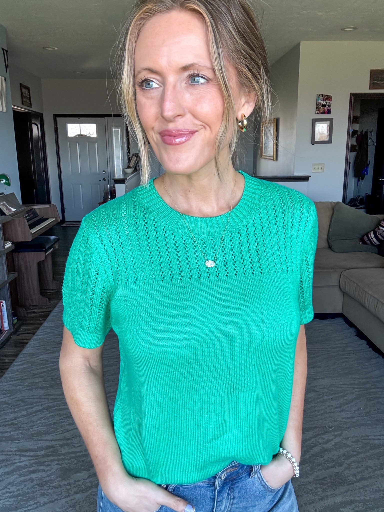 Love a good spring sweater and this one in green is so pretty! 💚 Comfortable and soft too! Wearing a small.

As an Amazon Influencer I earn commission on qualifying purchases.

Green short sleeved sweater, mom style, office attire, spring fashion 2026, green top, spring tops 

#LTKootd #LTKOver40 #LTKMidsize