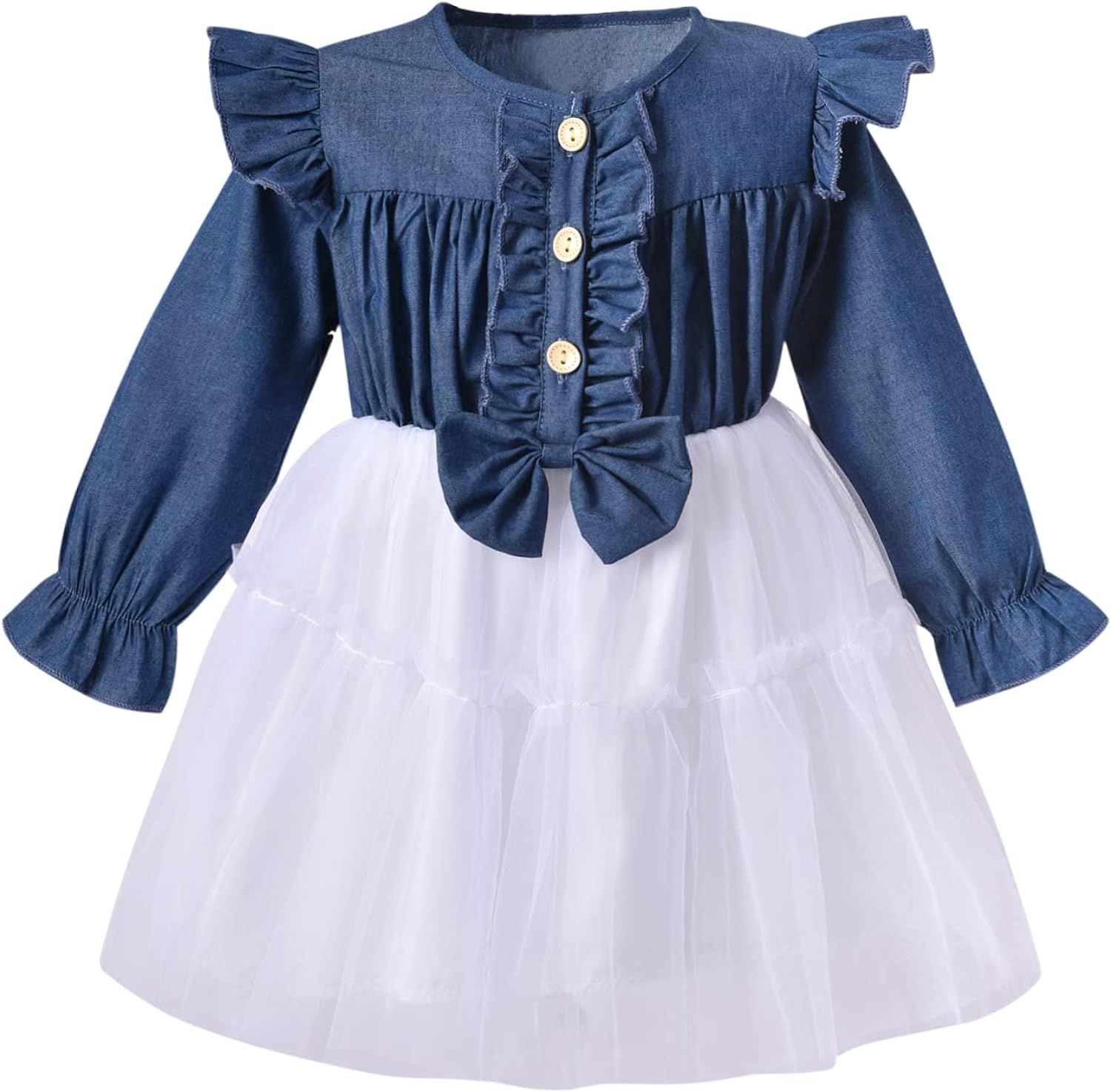 MINIFEIKO Toddler Baby Girl Denim Bowknot Dress Ruffled Button Dresses Spring Summer Outfit | Amazon (US)