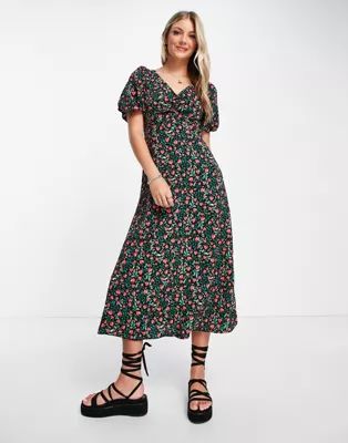 New Look ruched bust puff sleeve midi dress in black strawberry print | ASOS | ASOS (Global)