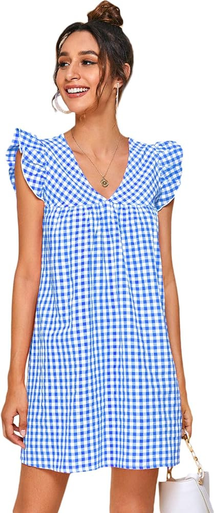 Romwe Women's V Neck Striped Floral Ruffle Embroidery Summer Boho Dress Top | Amazon (US)