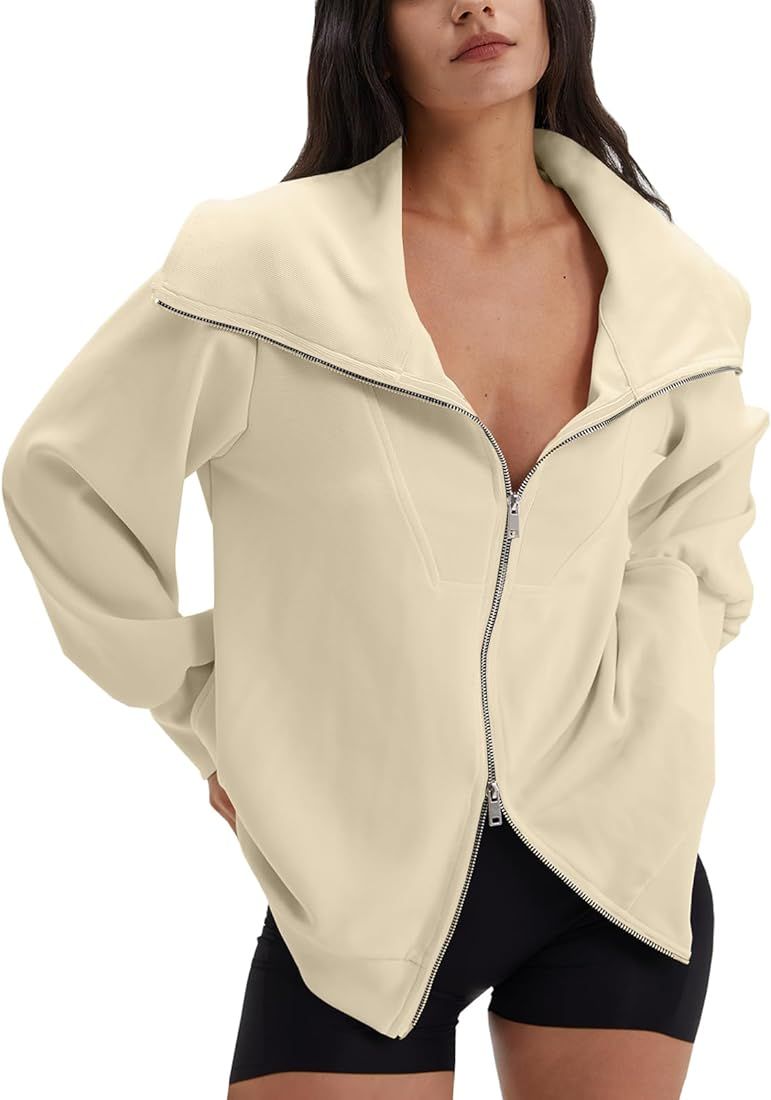 DEEP SELF Women's Full Zip Up Oversized Sweatshirts Long Sleeve Collared Casual Jacket 2023 Fall ... | Amazon (US)