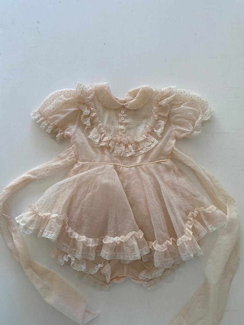 Vintage 50s Sheer Baby Ruffled Dress Peachy Pink Dotted Swiss Attached Bloomers California Origin... | Etsy (US)