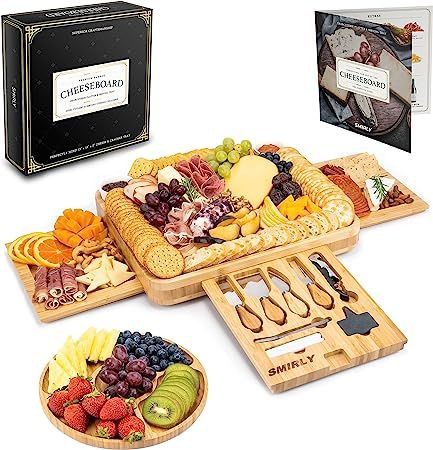 Smirly Cheese Board and Knife Set: 16 x 13 x 2 Inch Wood Charcuterie Platter for Wine, Cheese, Me... | Amazon (US)