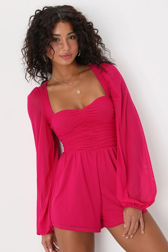 Playful Perfection Fuchsia Mesh Ruched Balloon Sleeve Romper | Lulus
