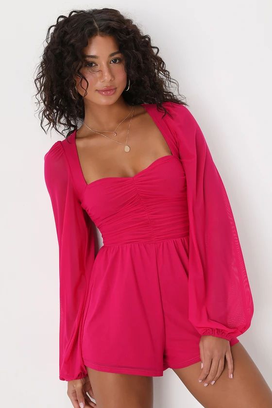 Playful Perfection Fuchsia Mesh Ruched Balloon Sleeve Romper | Lulus