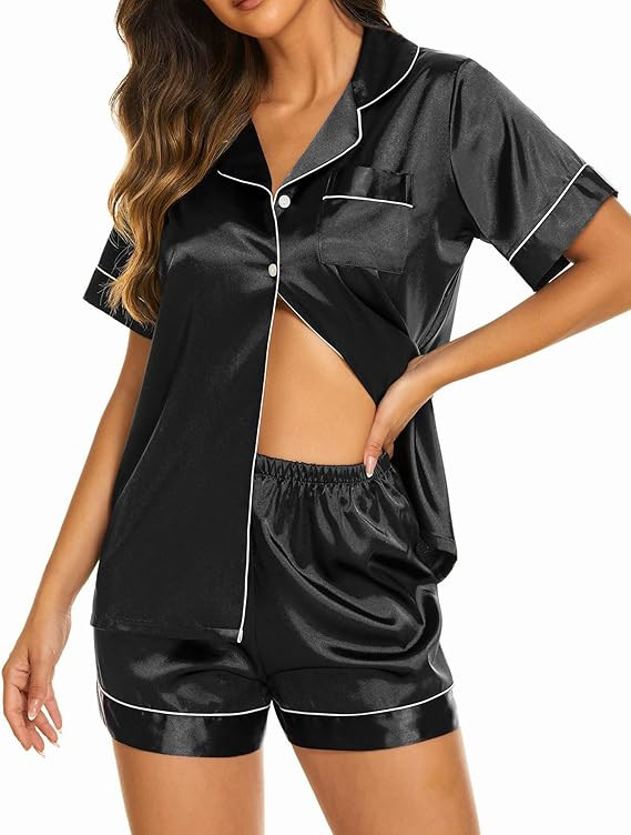 Ekouaer Womens Satin Silk Pajamas Set Short Sleeve Button Down Top and Shorts Sleepwear 2 Piece P... | Amazon (US)