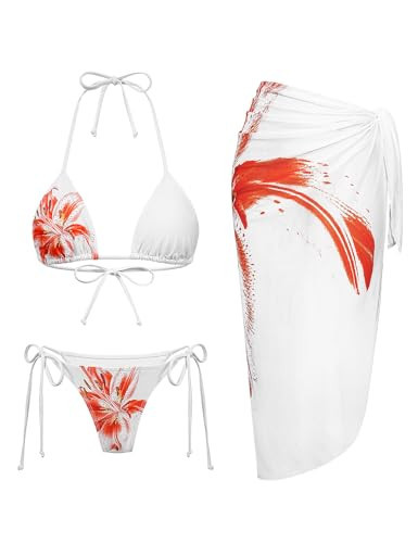 Womens 3pcs Swimsuit Floral Print Bikini Sets with Beach Cover Up apron-wrap Skirt Triangle Bikini Top Tie Side Bottom(White,L) | Amazon (US)