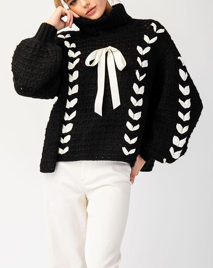 Mxiqqpltky Turtleneck Sweater Women Long Sleeve Y2k Tie Front Bow Knot Casual Loose Knitted Pullo... | Amazon (US)