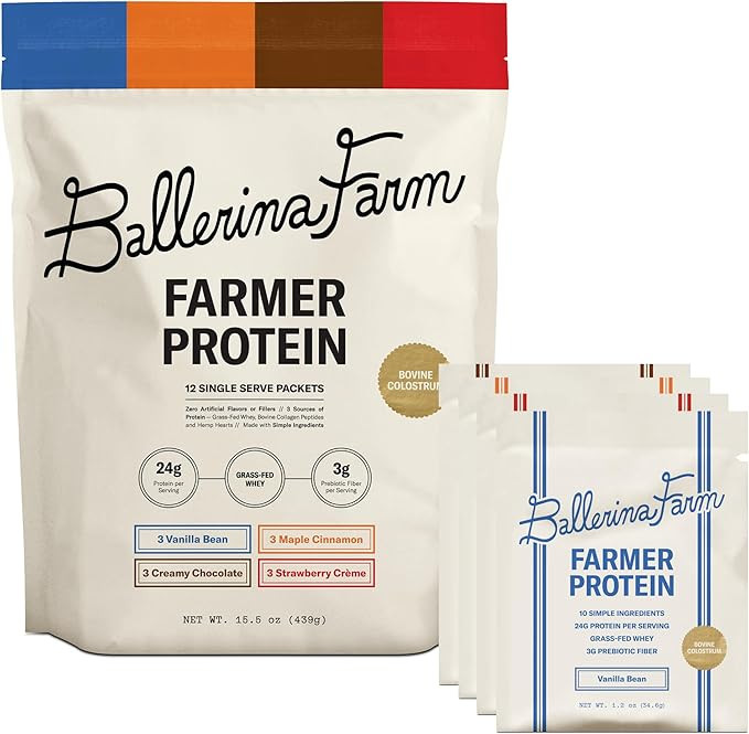 Ballerina Farm Grass Fed Whey Protein Powder, 4 Flavor Variety Pack, 24g Protein with Collagen Pe... | Amazon (US)