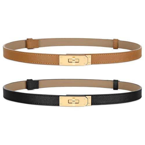 Women Skinny Leather Belt for Dresses Jeans Coats Solid Color Alloy Turn Lock 2 Pack Adjustable Thin Waistband | Amazon (US)