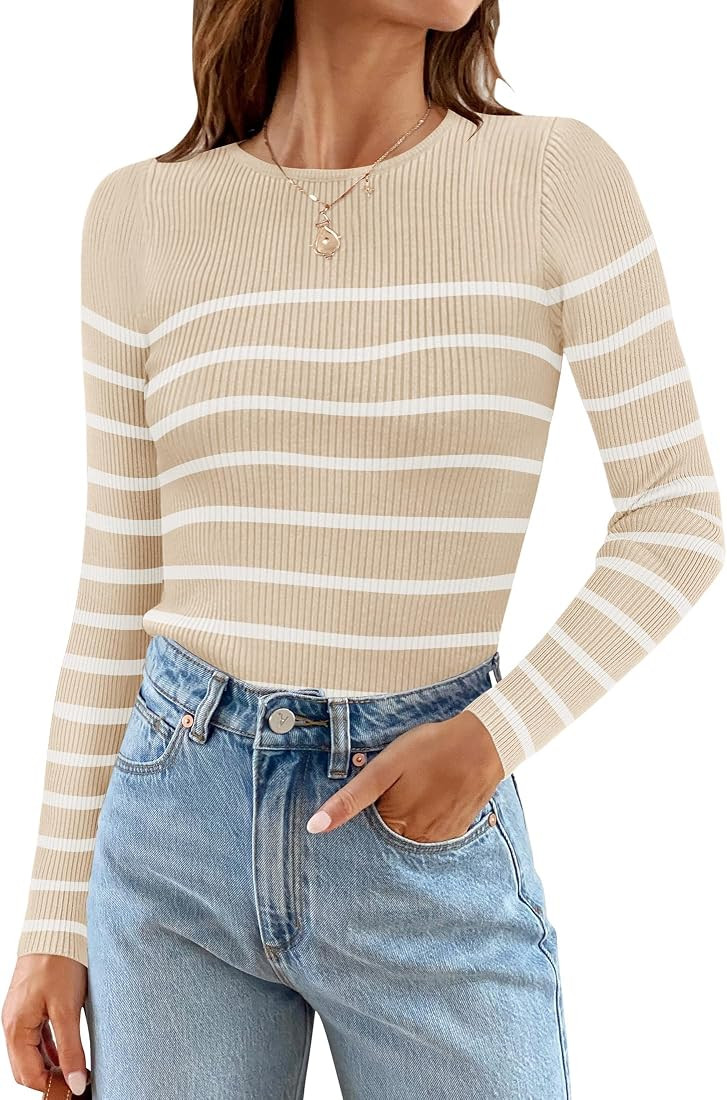 ZESICA Women's Long Sleeve Crewneck Striped Shirts 2024 Spring Fall Ribbed Knit Sweater Slim Fitt... | Amazon (US)