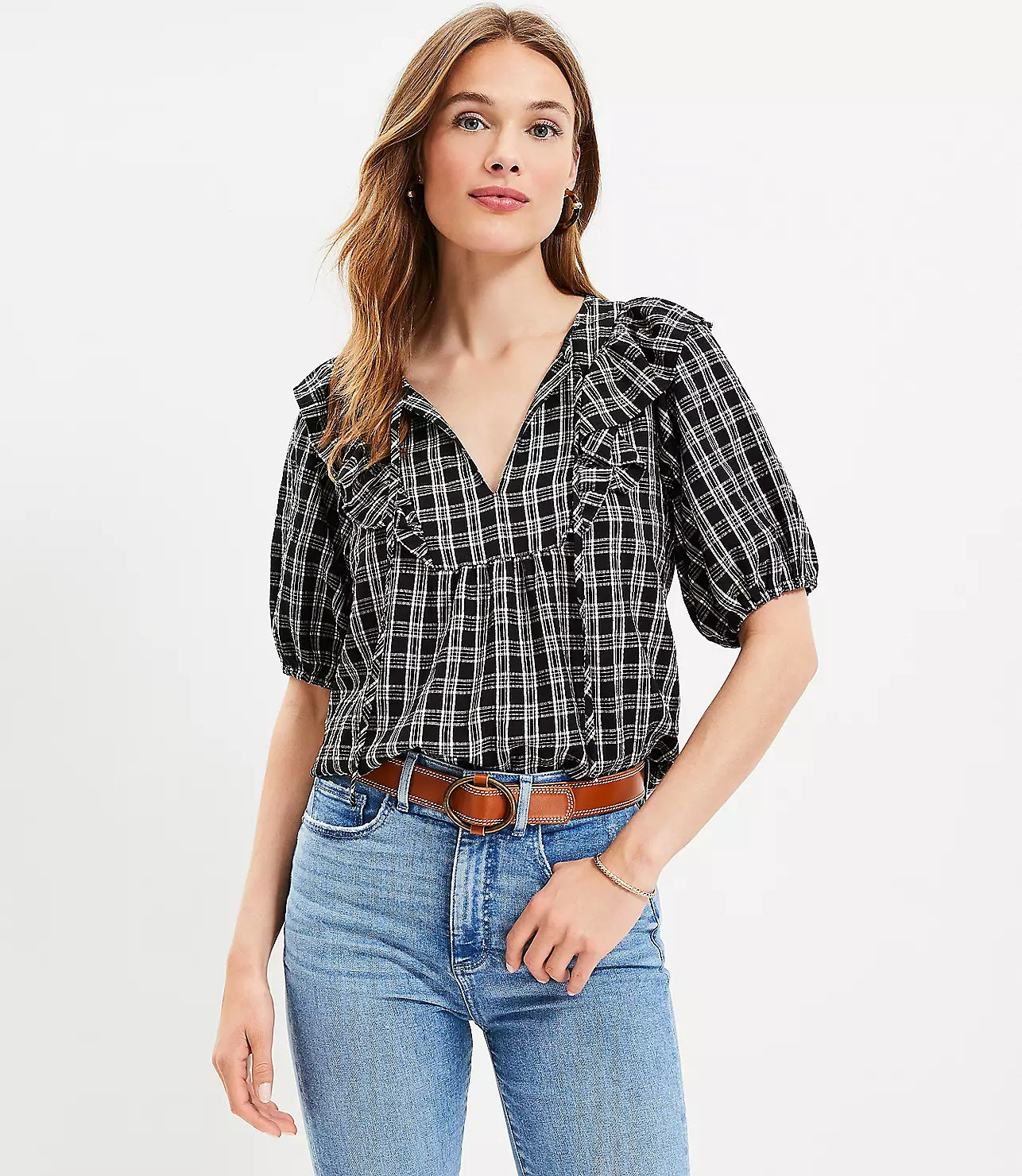Plaid Ruffle Bib Tie Neck Blouse | LOFT