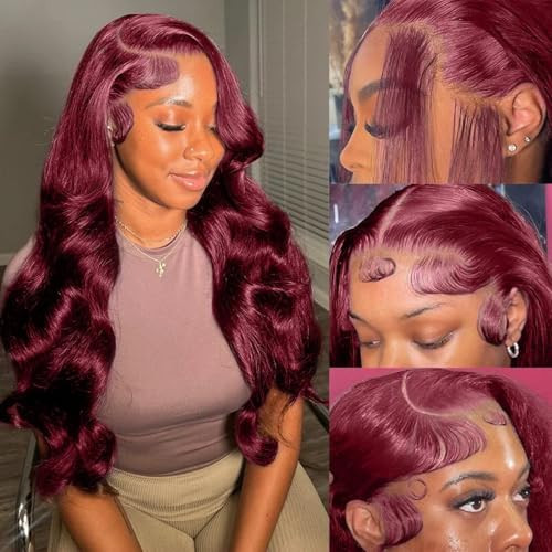ABBETEY 26inch Burgundy Lace Front Wigs Human Hair 13x6 HD Lace Front Wigs Human Hair Pre Plucked with Baby Hair 180% Density Body Wave 99j Colored Frontal Wigs | Amazon (US)
