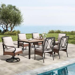 7-Piece Metal Patio Outdoor Dining Set with Wood-Look Rectangle Table and Chairs with Beige Cushions | The Home Depot