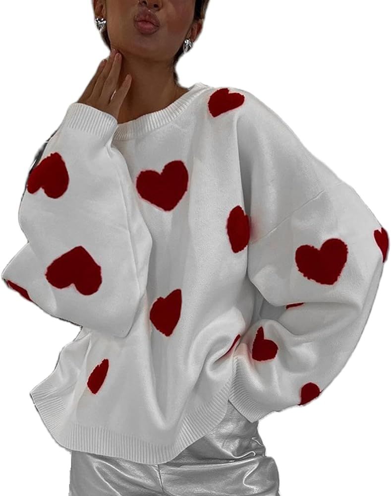 Women Cute Oversized Sweater Y2k Heart Print Long Sleeve Knit Pullover Jumper Crewneck Loose Swea... | Amazon (US)