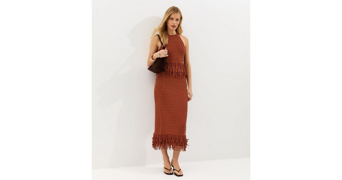 Dark Red Fringe Hem Cotton Rich Midi Skirt | New Look | New Look (UK)