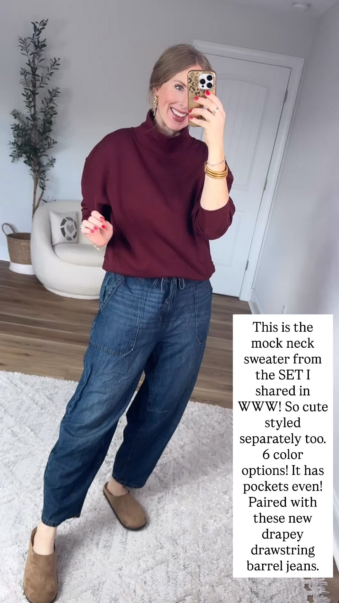 Walmart try on, Walmart fashion, scenario, mock neck, barrel jeans