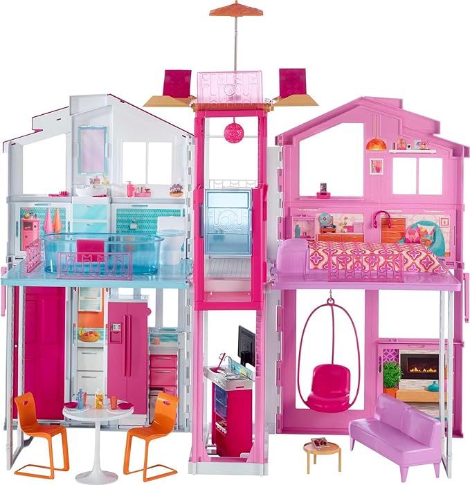 Barbie Doll House, 3-Story Townhouse with 4 Rooms & Rooftop Lounge, Furniture & Accessories Inclu... | Amazon (US)