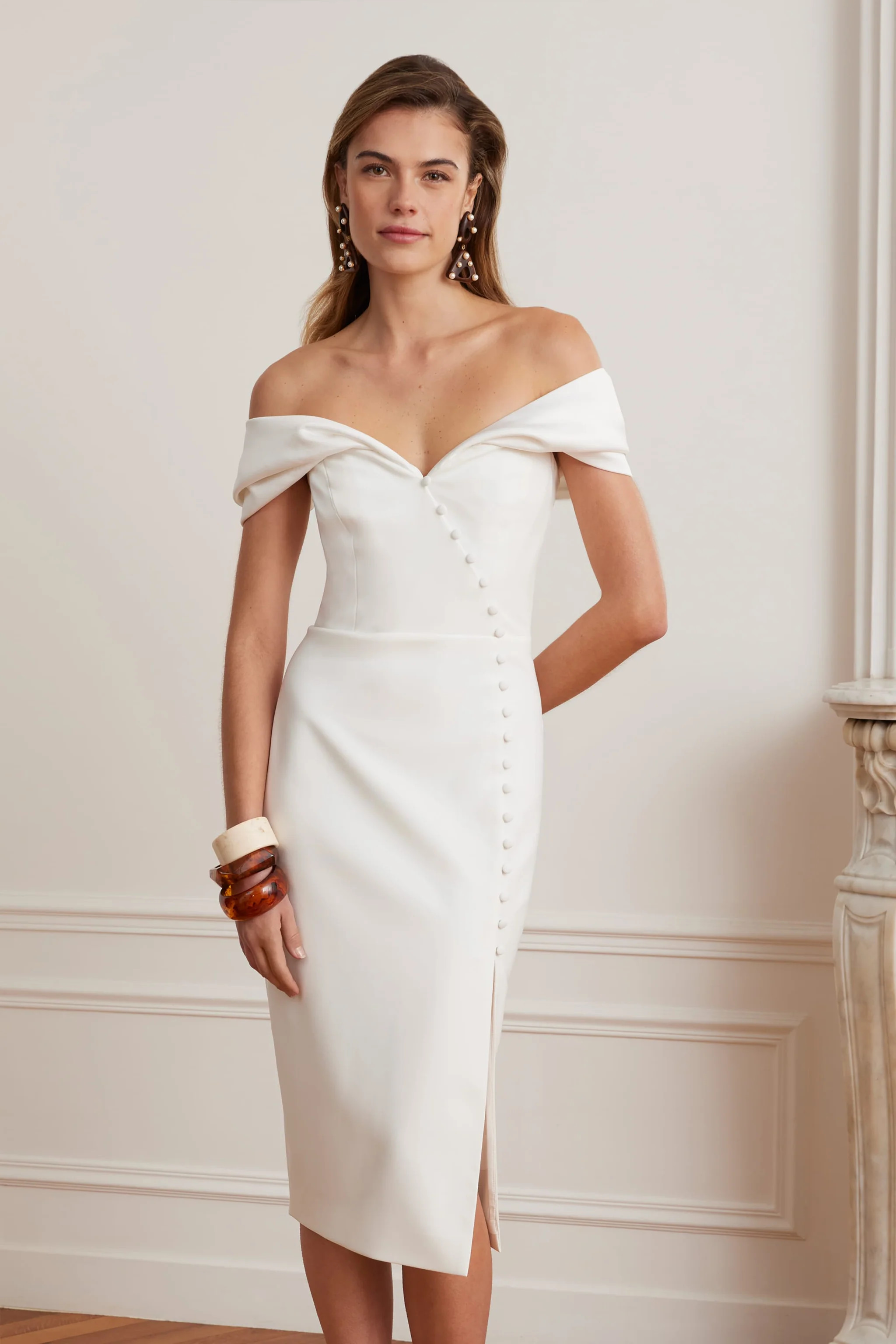 NOELLE Satin Mix Bardot Midi Dress In White | Lavish Alice Retail Ltd