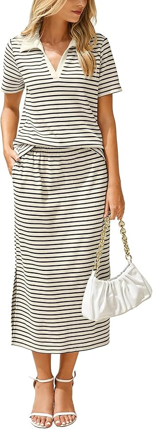 Glamaker Womens 2025 Summer Skirt Sets 2 Piece Outfits Casual Knit Striped Short Sleeve Travel Se... | Amazon (US)