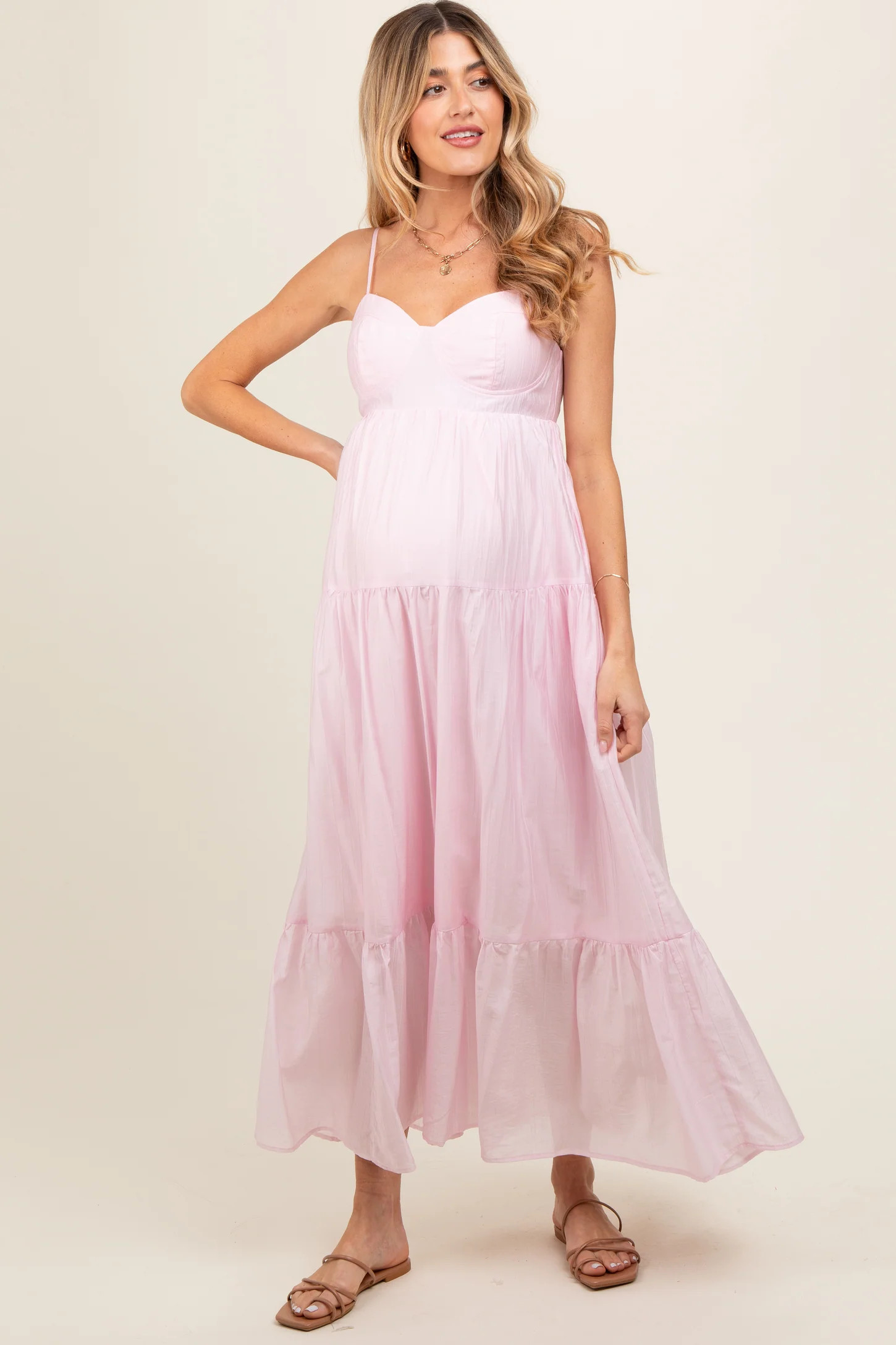 Light Pink Sleeveless Tiered Maternity Maxi Dress | PinkBlush Maternity
