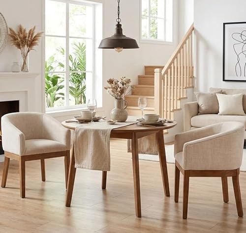 Mid Century Modern Upholstered Barrel Dining Chairs with Arms Set of 2, Farmhouse Linen Kitchen &... | Amazon (US)