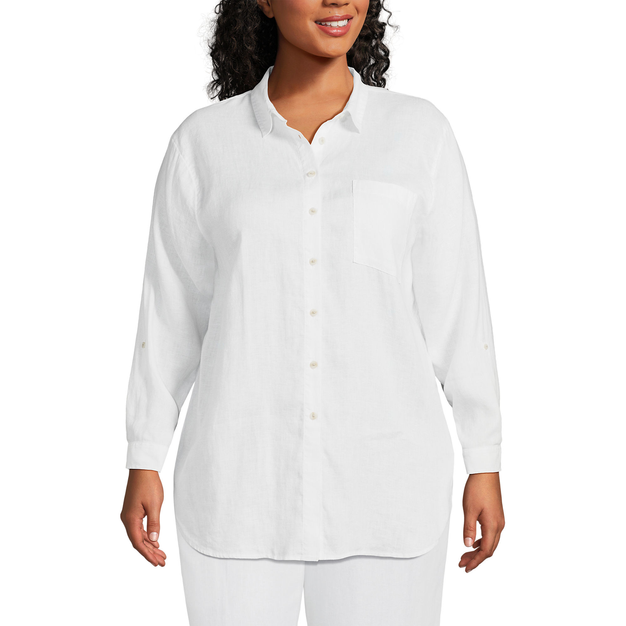 Women's Plus Size Linen Roll Sleeve Oversized Relaxed Tunic Top | Lands' End (US)