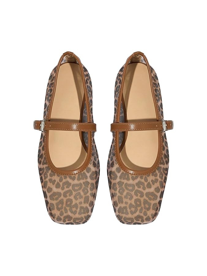 Milumia Women's Leopard Print Mesh Bellet Flats Mary Jane Square Closed Toe Flat Shoes | Amazon (US)