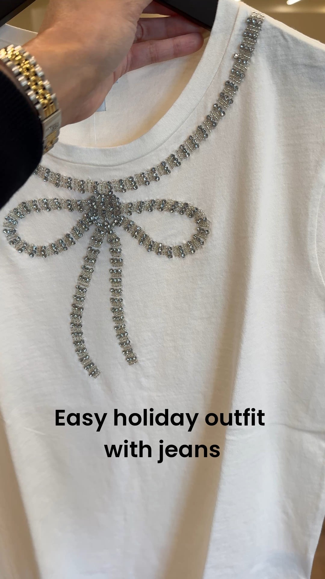 Easy holiday outfit with jeans. 
The cutest embellished t-shirt to wear with jeans for an easy holiday outfit casual holiday outfit with jeans. 
True to size. 
I would also layer a blazer or cardigan on top  

#LTKOver40 #LTKHoliday #LTKFindsUnder50