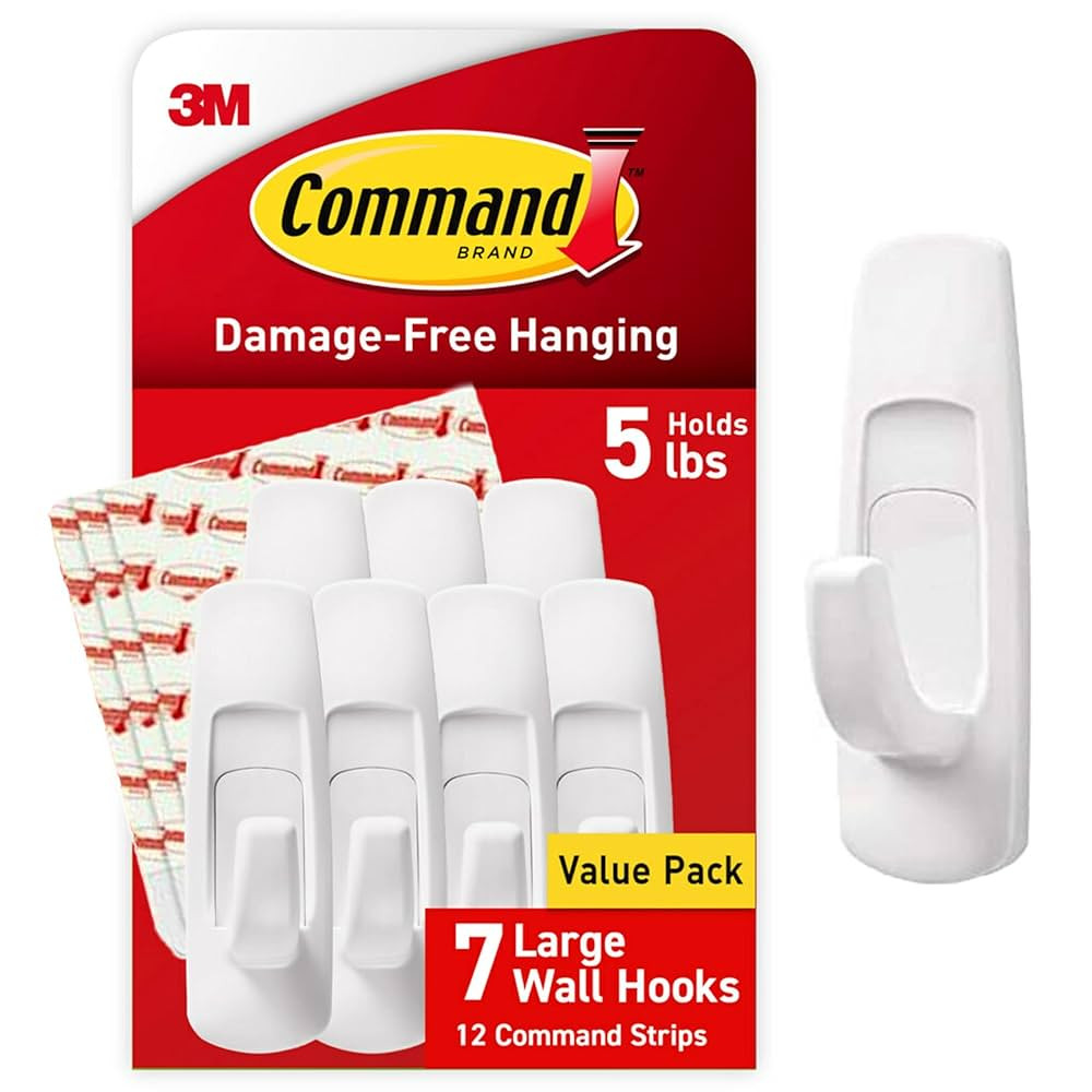 Command 5 lb Large Utility Hooks, 7 Wall Hooks and 12 Command Strips, Damage-Free Hanging with Ad... | Amazon (US)