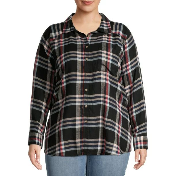 Terra & Sky Plus Size Button Front Long Sleeve Plaid Shirt | Walmart (US)