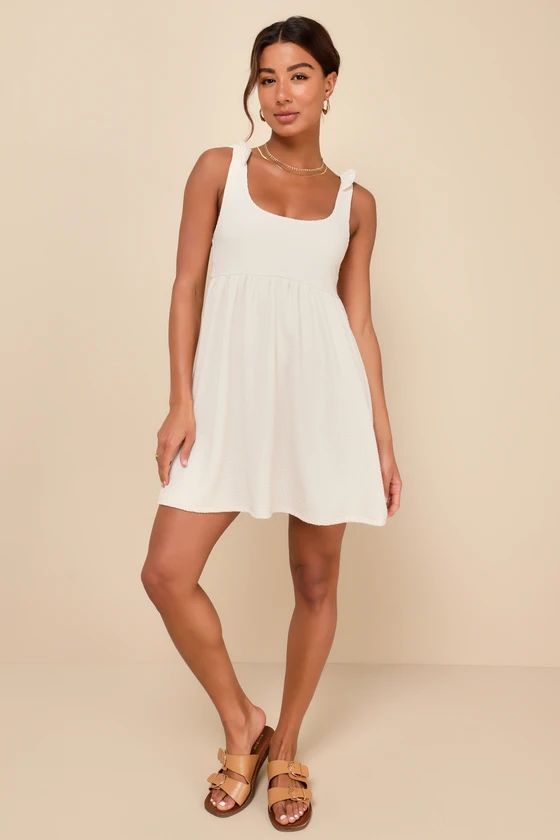 Cute Certainty Ivory Textured Ribbed Knit Tie-Strap Mini Dress | Lulus