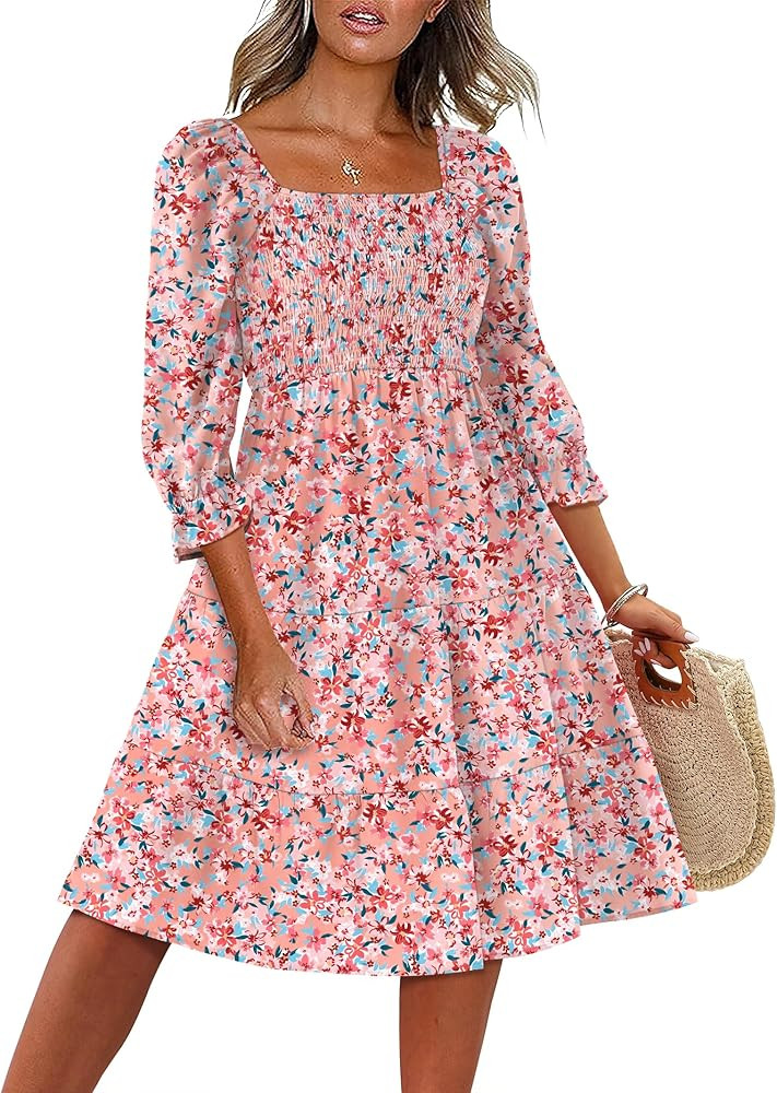 Caracilia Women 3/4 Sleeve Square Neck 2026 Summer Fall Wedding Guest Floral Smocked Casual Boho ... | Amazon (US)