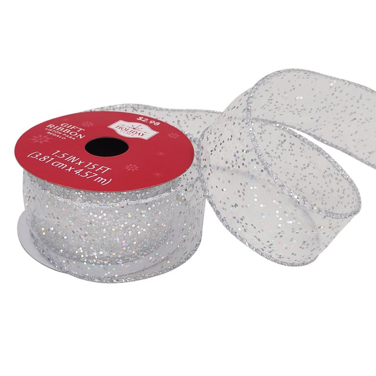 Wired Edge Gift Wrap Fabric Ribbon, White Sheer with Silver Glitter, 1.5 in x 15 ft, by Holiday T... | Walmart (US)