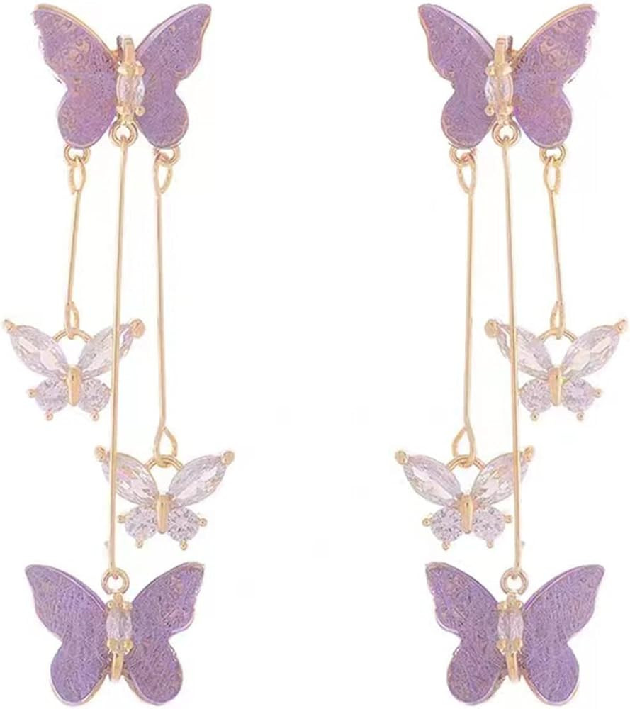 Purple Butterfly Tassel Style Zircon Earrings for Women Crystal Rhinestone Drop Earrings 3D Long ... | Amazon (US)