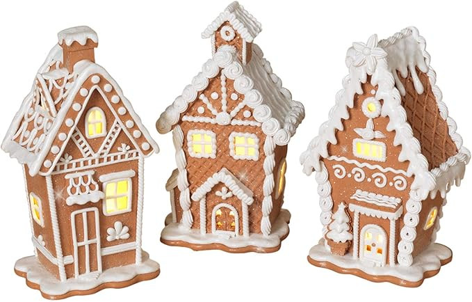 Set of 3 Lighted Gingerbread White Frosting Houses in Clay Dough Resin with Frosted Snow Look, Ba... | Amazon (US)
