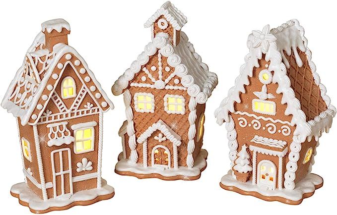 Amazon.com: TenWaterloo Set of 3 Lighted Gingerbread White Frosting Houses in Clay Dough Resin wi... | Amazon (US)