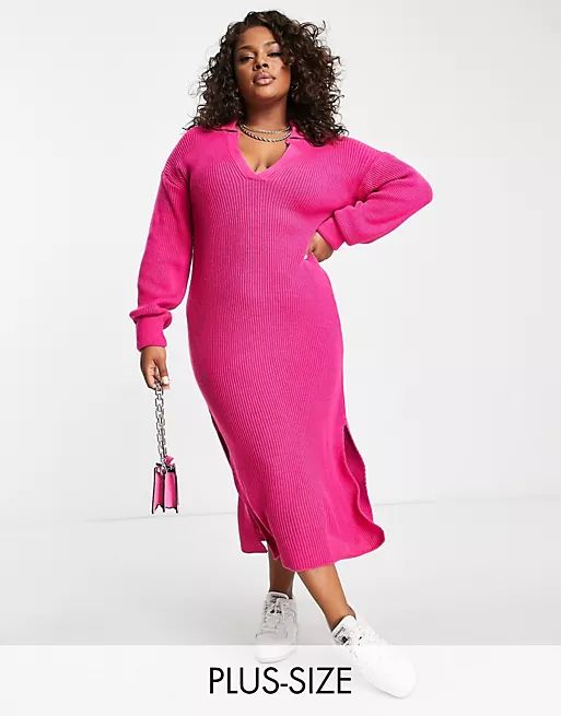 In The Style Plus exclusive knitted collar detail midi dress in pink | ASOS (Global)