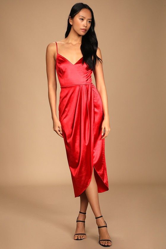 Reinette Red Satin Midi Dress Red Dress Wedding Guest Dress Evening Dresses Spring Dress | Lulus (US)