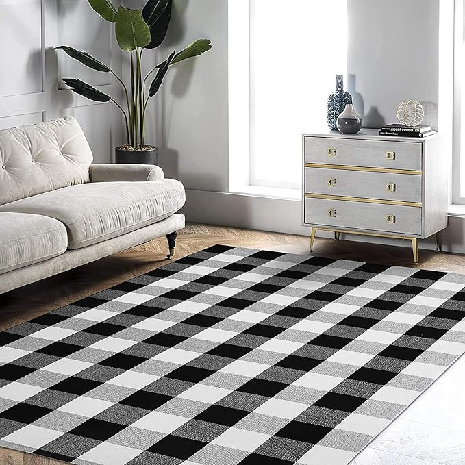 EARTHALL Buffalo Plaid Rug Black and White 4x6 Area Rug, Cotton Hand-Woven Washable Indoor Outdoo... | Amazon (US)