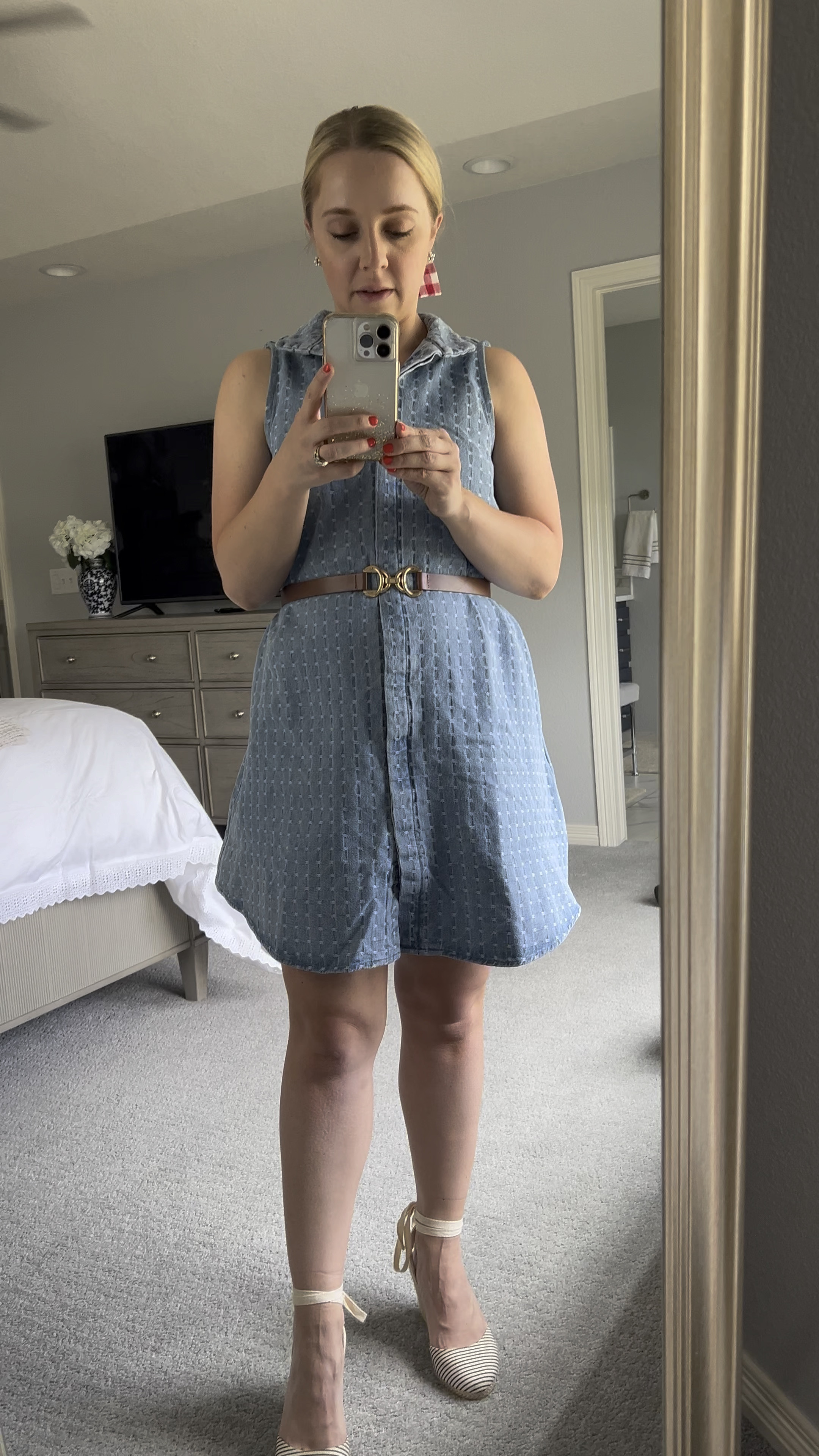 4th of July outfit! Ready for a bbq in a denim dress and gingham bow. In this dress, size down. Denim dress. July 4th. Fourth of July. Summer holiday. Summer outfit. Summer dress. Jean dress. 

#LTKStyleTip #LTKVideo