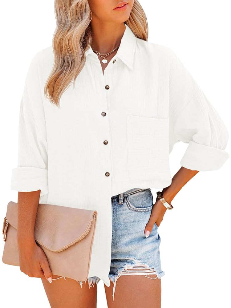 Women's Long Sleeve Shirts Casual Collared Button Down Shacket Rolled Up Boyfriend Blouse Tops | Amazon (US)